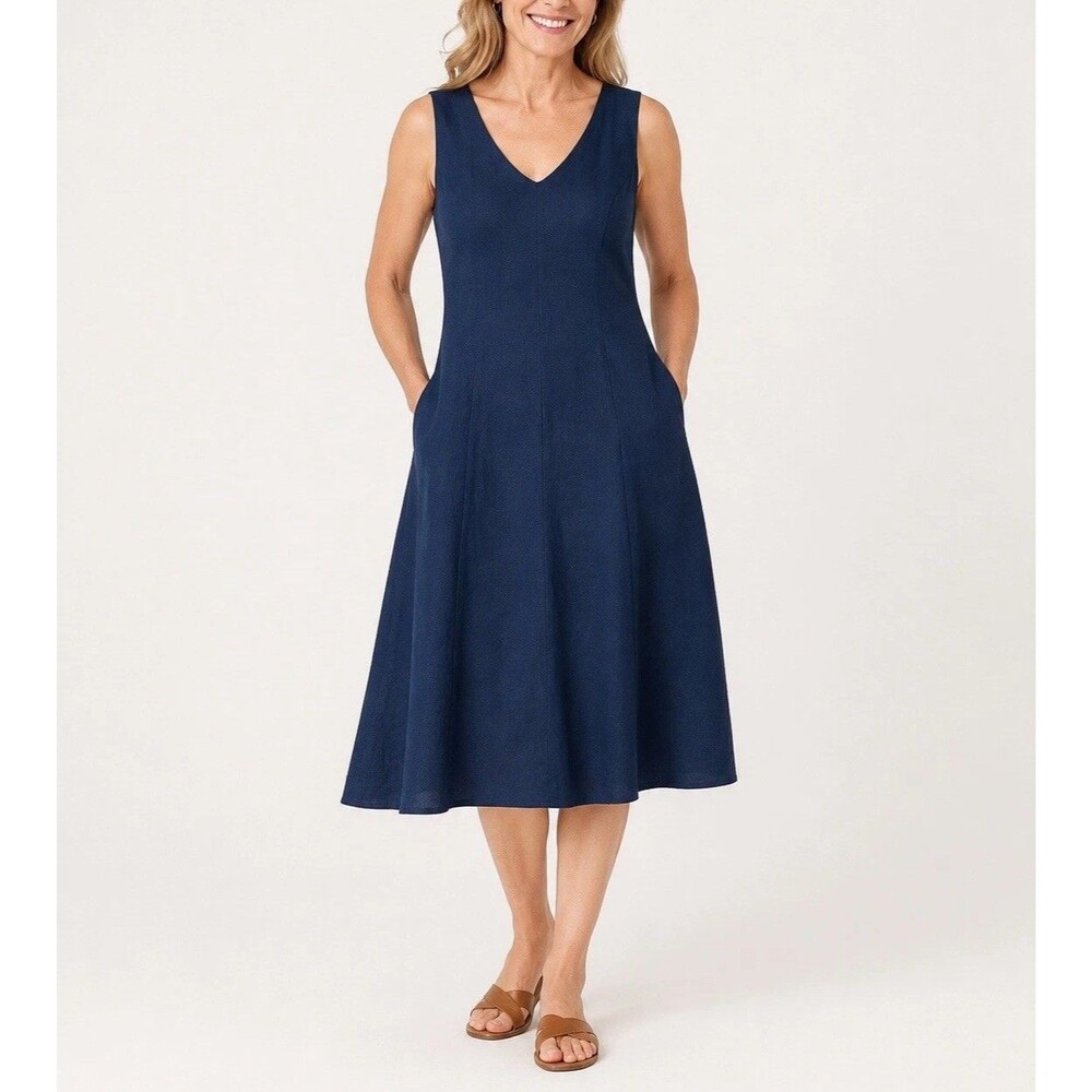 Lands' End Navy Blue A-line Dress Sleeveless Linen Fully Lined Career Wear Sz 12